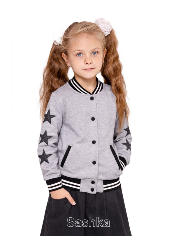 Бомбер  для дівчинки Sashka трикотажний (двунитка) сірий з зірками, розмір 98-182